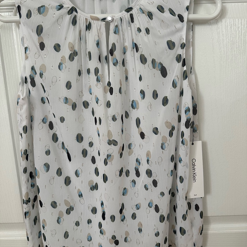 Calvin Klein Women's Sleeveless Polka Dot Blouse - White and Blue- New With Tags